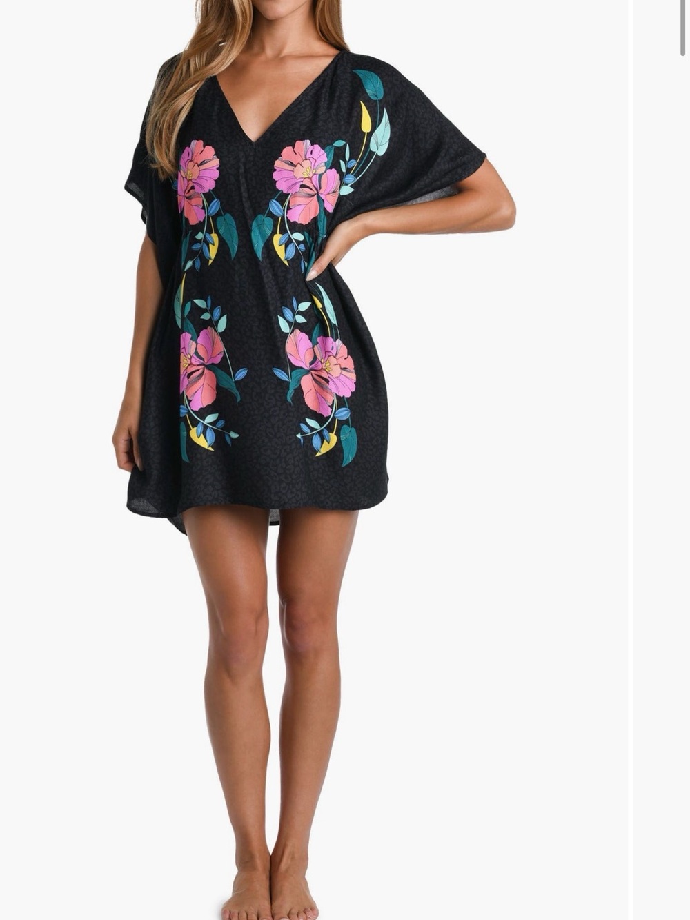 Black V-Neck Floral Tunic with Pink & Teal Blooms